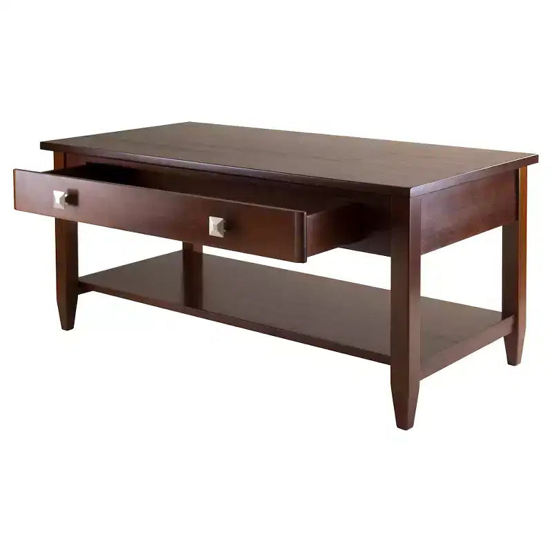 Table basse Richmond avec pieds effilés en noyer - Winsome : Étagère de rangement, Poignées modernes en chrome brossé