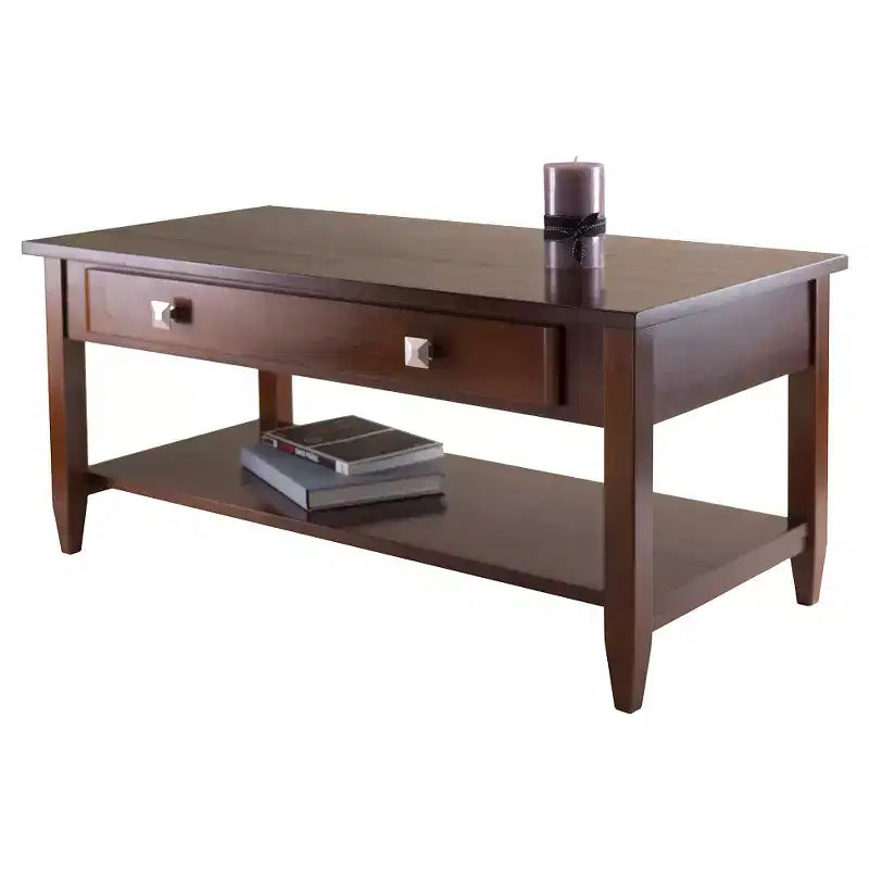 Table basse Richmond avec pieds effilés en noyer - Winsome : Étagère de rangement, Poignées modernes en chrome brossé