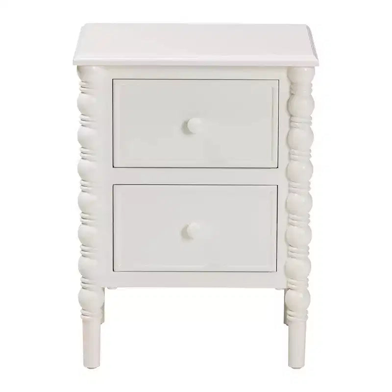 Table d'appoint Baxton Studio Malinda en bois avec 2 tiroirs et pieds tournés Blanc