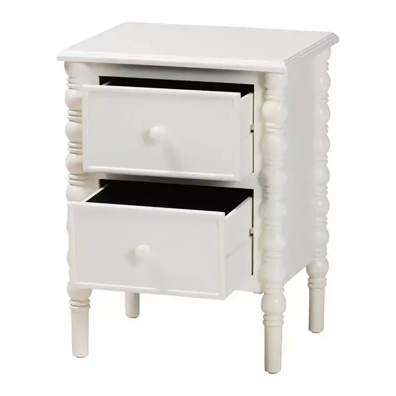 Table d'appoint Baxton Studio Malinda en bois avec 2 tiroirs et pieds tournés Blanc