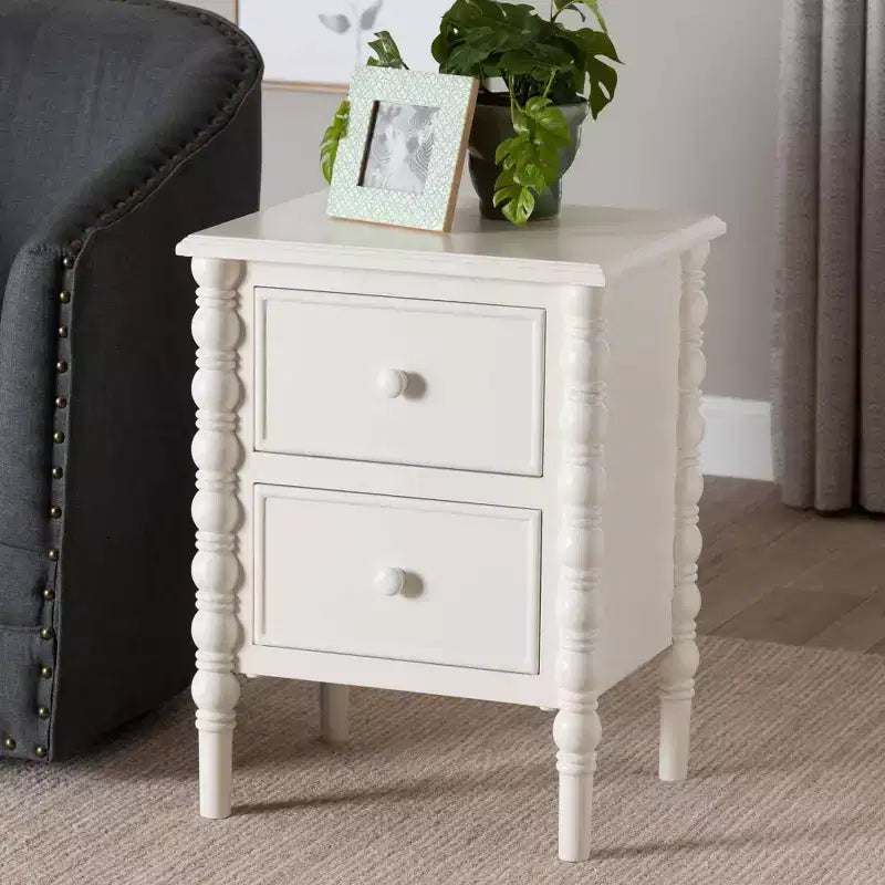 Table d'appoint Baxton Studio Malinda en bois avec 2 tiroirs et pieds tournés Blanc