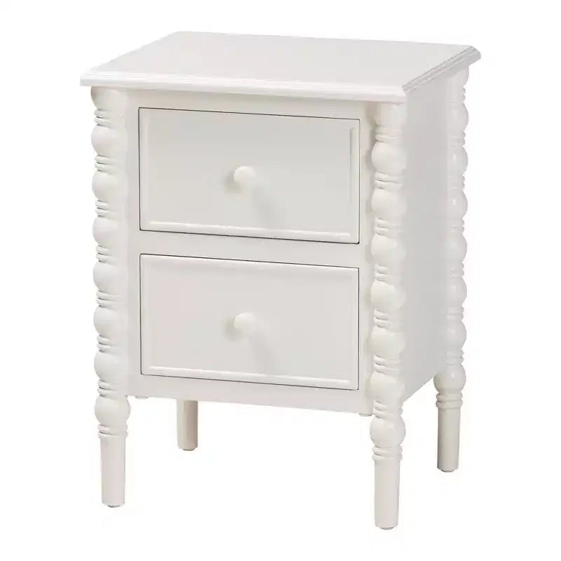 Table d'appoint Baxton Studio Malinda en bois avec 2 tiroirs et pieds tournés Blanc