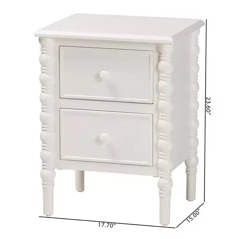 Table d'appoint Baxton Studio Malinda en bois avec 2 tiroirs et pieds tournés Blanc