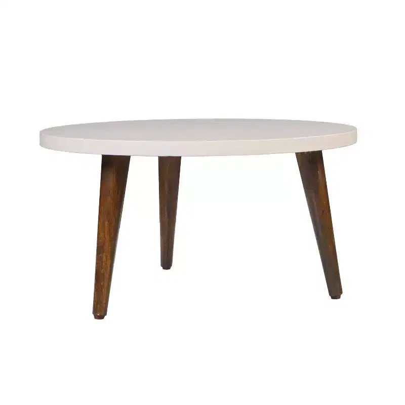 Urban Port 24" Table Basse Moderne Plateau Rond Blanc Cassé Pieds Coniques en Bois de Mangue Marron Marron/Blanc