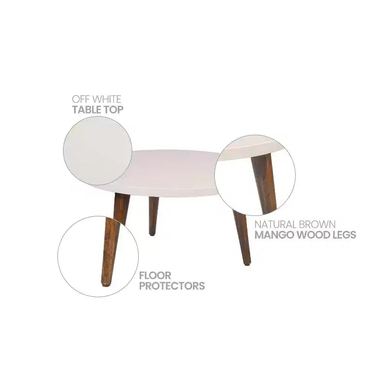 Urban Port 24" Table Basse Moderne Plateau Rond Blanc Cassé Pieds Coniques en Bois de Mangue Marron Marron/Blanc
