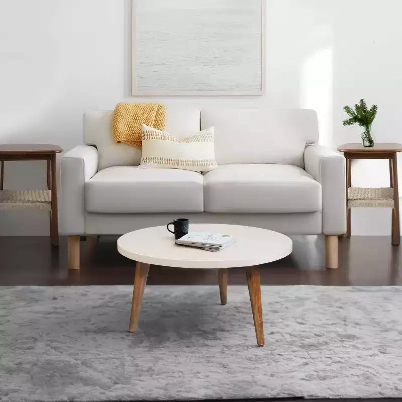 Urban Port 24" Table Basse Moderne Plateau Rond Blanc Cassé Pieds Coniques en Bois de Mangue Marron Marron/Blanc
