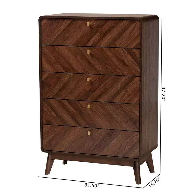Baxton Studio Markell Commode de rangement en bois à 5 tiroirs noyer marron/doré : design moderne du milieu du siècle, organiseur de chambre à coucher
