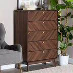 Baxton Studio Markell Commode de rangement en bois à 5 tiroirs noyer marron/doré : design moderne du milieu du siècle, organiseur de chambre à coucher