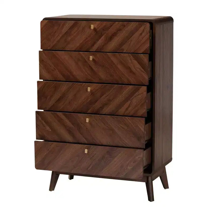 Baxton Studio Markell Commode de rangement en bois à 5 tiroirs noyer marron/doré : design moderne du milieu du siècle, organiseur de chambre à coucher