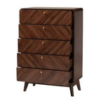 Baxton Studio Markell Commode de rangement en bois à 5 tiroirs noyer marron/doré : design moderne du milieu du siècle, organiseur de chambre à coucher