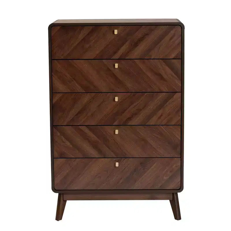 Baxton Studio Markell Commode de rangement en bois à 5 tiroirs noyer marron/doré : design moderne du milieu du siècle, organiseur de chambre à coucher