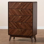 Baxton Studio Markell Commode de rangement en bois à 5 tiroirs noyer marron/doré : design moderne du milieu du siècle, organiseur de chambre à coucher