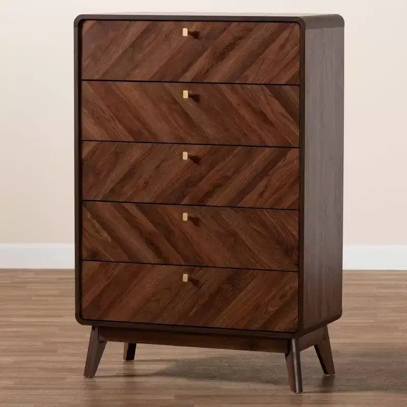 Baxton Studio Markell Commode de rangement en bois à 5 tiroirs noyer marron/doré : design moderne du milieu du siècle, organiseur de chambre à coucher