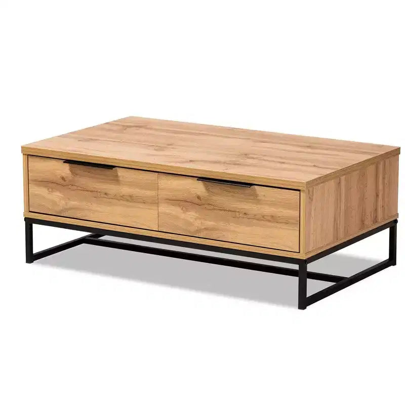 Franklin Wood and Metal 2 Drawer Coffee Table Oak/Black - Baxton Studio: Large Storage, Modern Design