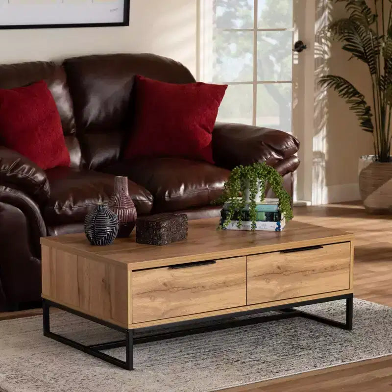 Franklin Wood and Metal 2 Drawer Coffee Table Chêne/Noir - Baxton Studio : Grand Rangement, Design Moderne