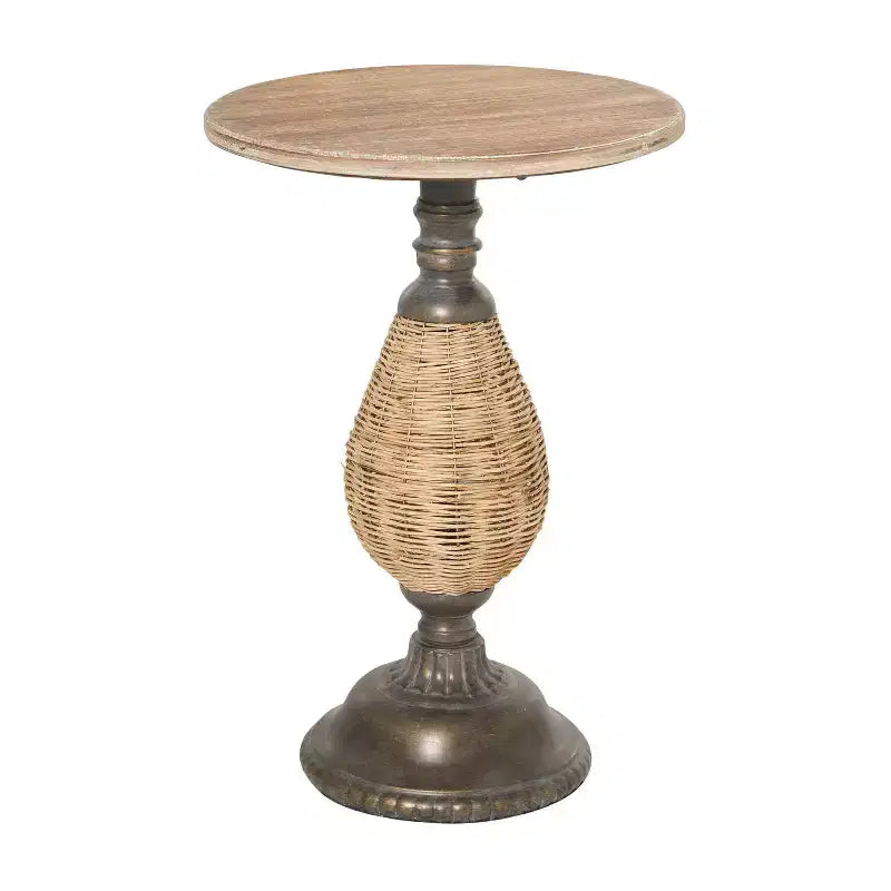 Farmhouse Metal Woven Pedestal Accent Table Brown - Olivia & May: No Assembly, Round Wood Top