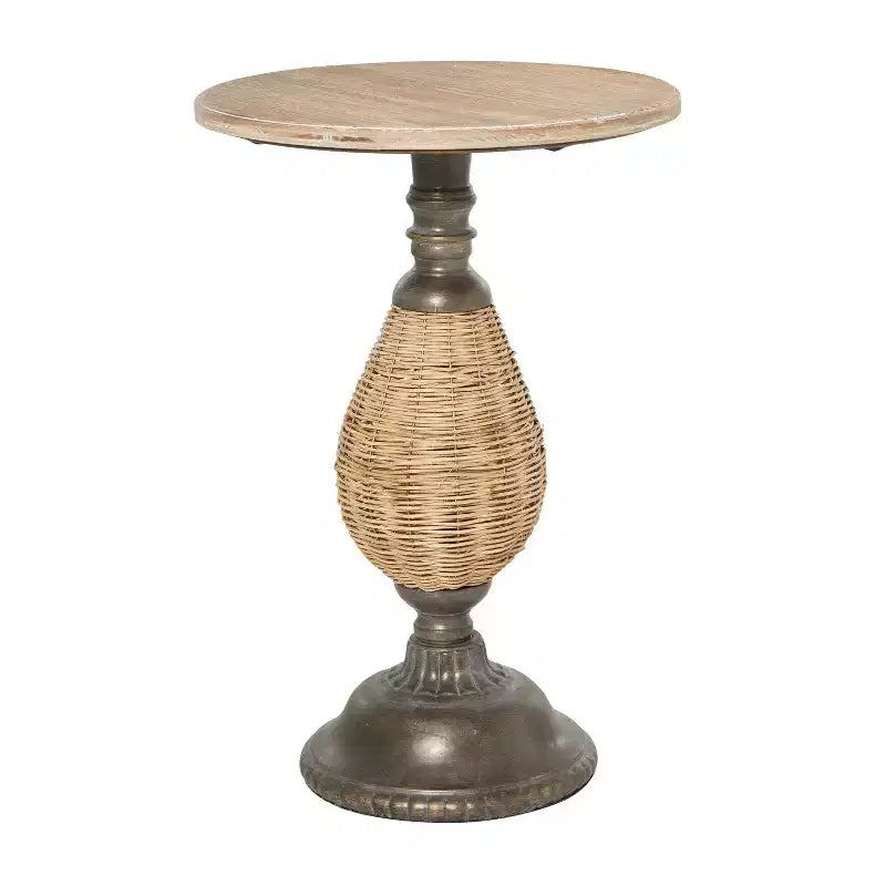 Table d'appoint piédestal en métal tressé de ferme marron - Olivia & May : aucun assemblage, plateau rond en bois