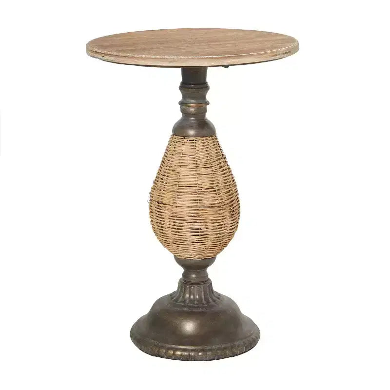 Table d'appoint piédestal en métal tressé de ferme marron - Olivia & May : aucun assemblage, plateau rond en bois