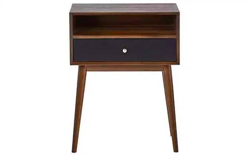 Table d'appoint Calvin marron - Adore Decor : design moderne du milieu du siècle, tiroir de rangement, poignées argentées