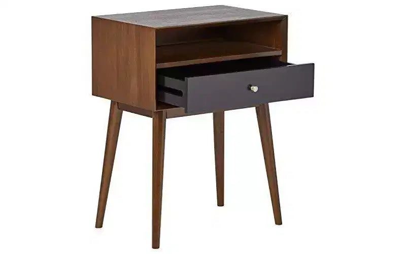 Table d'appoint Calvin marron - Adore Decor : design moderne du milieu du siècle, tiroir de rangement, poignées argentées