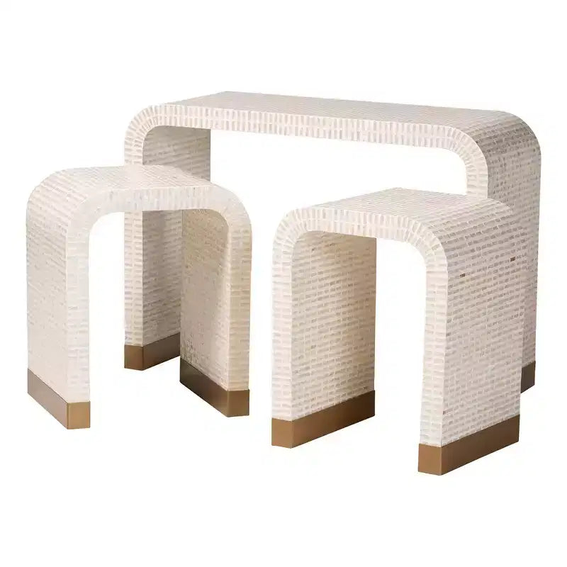 bali & pari Table d'appoint Carlyn 3 pièces en nacre et coquille capiz Beige/Blanc/Doré
