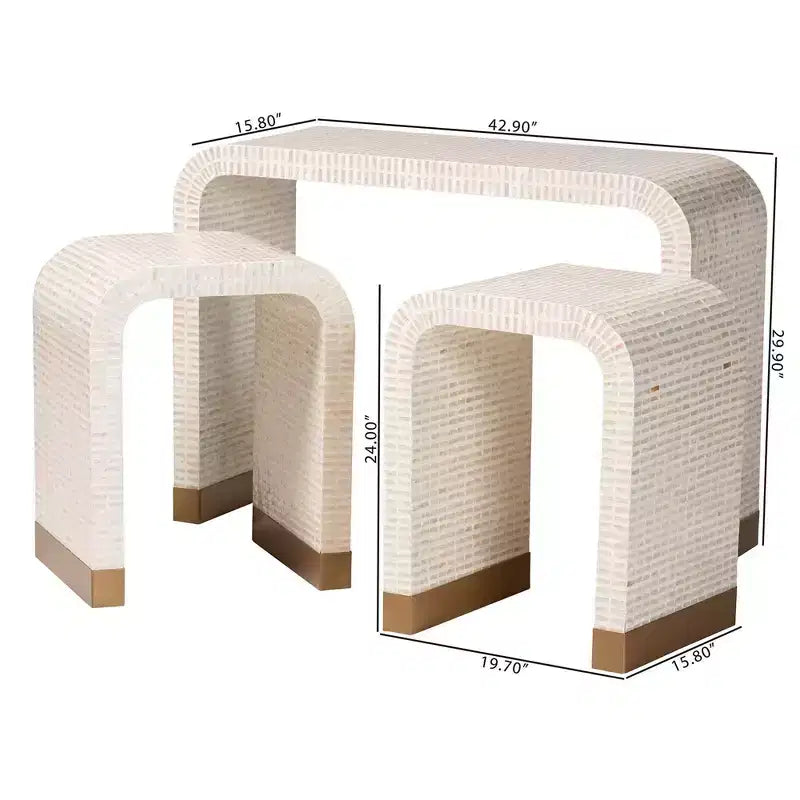 bali & pari Table d'appoint Carlyn 3 pièces en nacre et coquille capiz Beige/Blanc/Doré