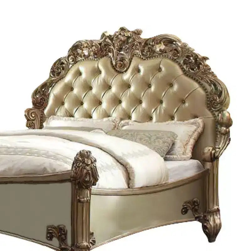Lit Queen 96" Vendome en Laiton, Cuir Synthétique et Patine Dorée - Meubles Acme