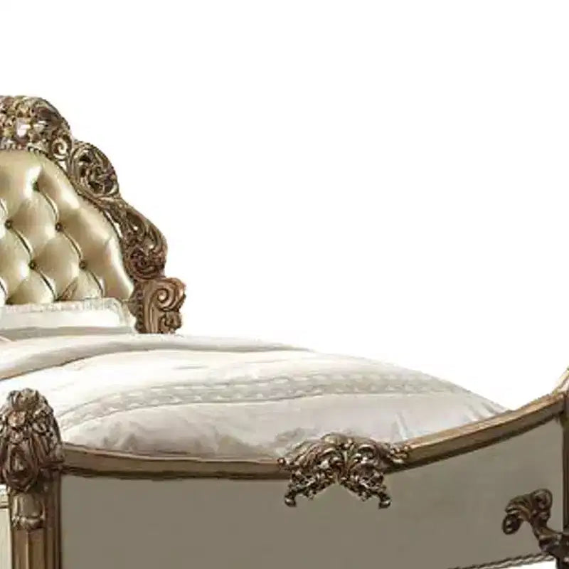 Lit Queen 96" Vendome en Laiton, Cuir Synthétique et Patine Dorée - Meubles Acme