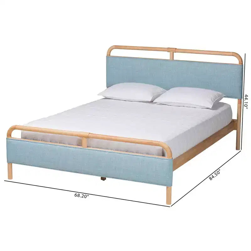 Lit plateforme Mateo Baxton Studio, grand lit, en tissu et bois naturel, bleu clair/naturel
