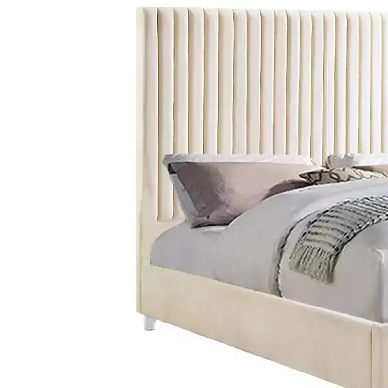 Acme Furniture Lit Queen 86" Edzia Velours Beige : Panneau Rembourré Luxueux, Cadre en Bois, Textile Acrylique