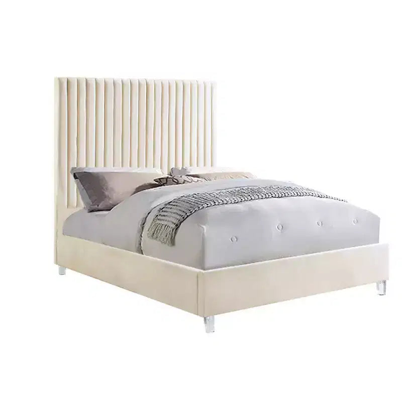 Acme Furniture Lit Queen 86" Edzia Velours Beige : Panneau Rembourré Luxueux, Cadre en Bois, Textile Acrylique