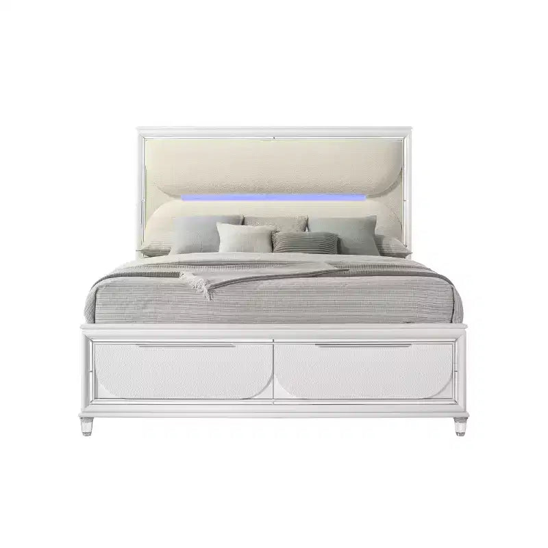 Lit King Oriental 79,65" Tarian Blanc Bouclé Fini Blanc Perle - Acme Furniture : Tête de lit lumineuse à LED, Pied de lit de rangement, Rembourrage acrylique