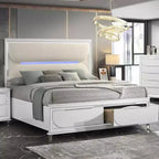 Lit King Oriental 79,65" Tarian Blanc Bouclé Fini Blanc Perle - Acme Furniture : Tête de lit lumineuse à LED, Pied de lit de rangement, Rembourrage acrylique