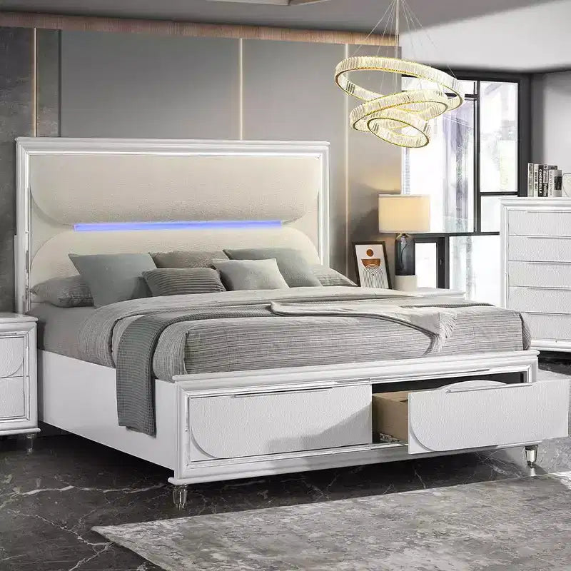 Lit King Oriental 79,65" Tarian Blanc Bouclé Fini Blanc Perle - Acme Furniture : Tête de lit lumineuse à LED, Pied de lit de rangement, Rembourrage acrylique