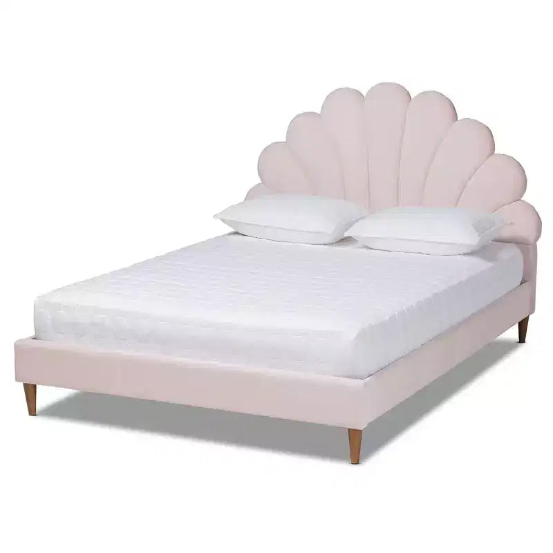 Queen Odille Velvet Seashell Shaped Platform Bed Light Pink/Walnut - Baxton Studio: Glam Bedroom Furniture, Channel Tufted