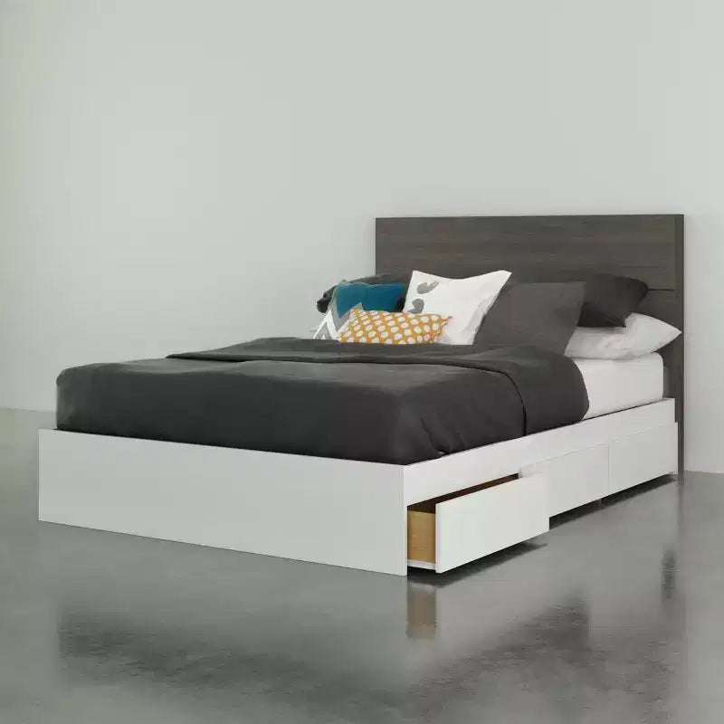 Lit de rangement complet Milton 3 tiroirs avec tête de lit gris écorce/blanc - Nexera : Design contemporain, cadre en composite MDF, matelas non inclus