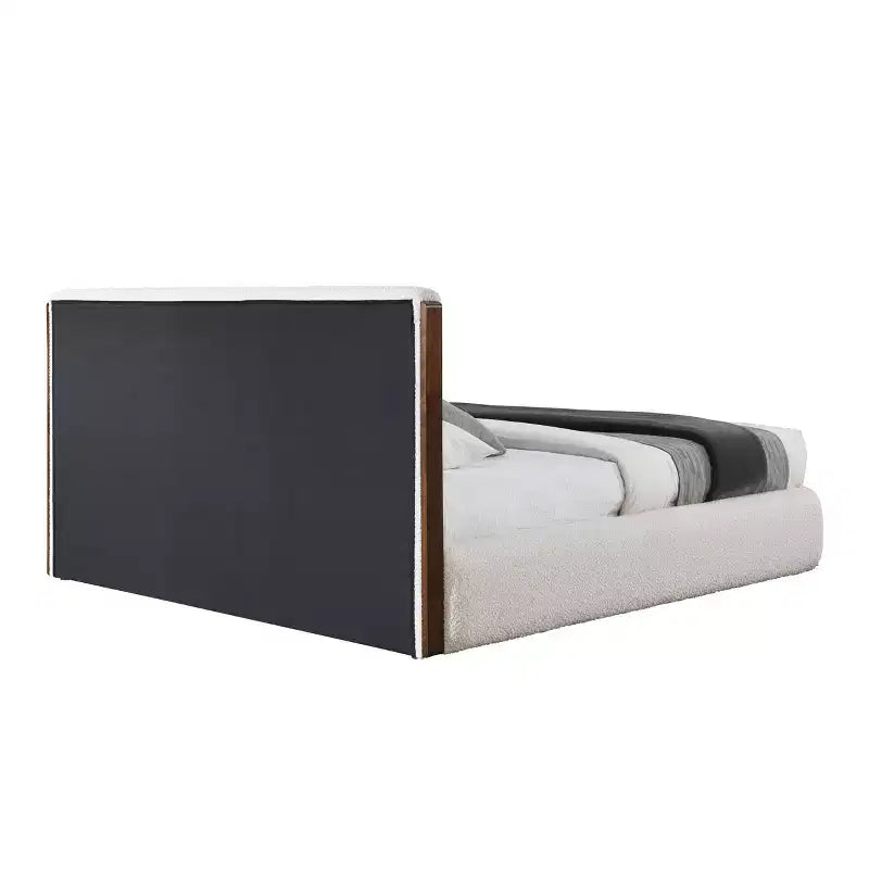 Lit Queen 88,98 po Lit Sandro Bouclé Blanc et Fini Noyer - Meubles Acme: Revêtement en lin, Cadre chromé, Assemblage sans outils