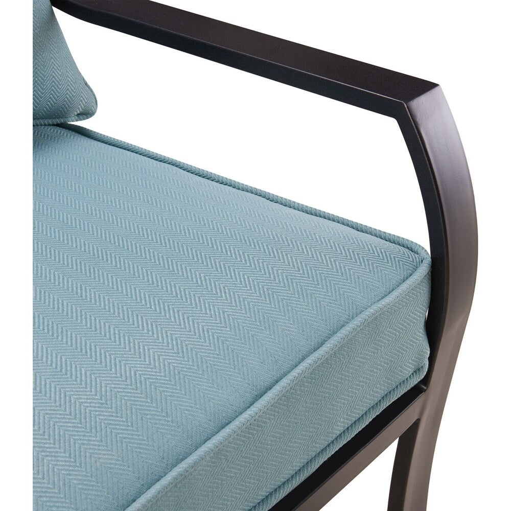 Ensemble de salle à manger Hanover Lavallette 5 pièces bleu océan avec 4 chaises fixes, une table ronde en verre de 52 pouces, un parasol et une base