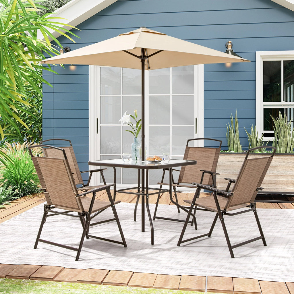 Ensemble de patio 6 pièces Pellebant avec table, parasol et 4 chaises pliantes – 22,4 L x 26,8 P x 34,4 H