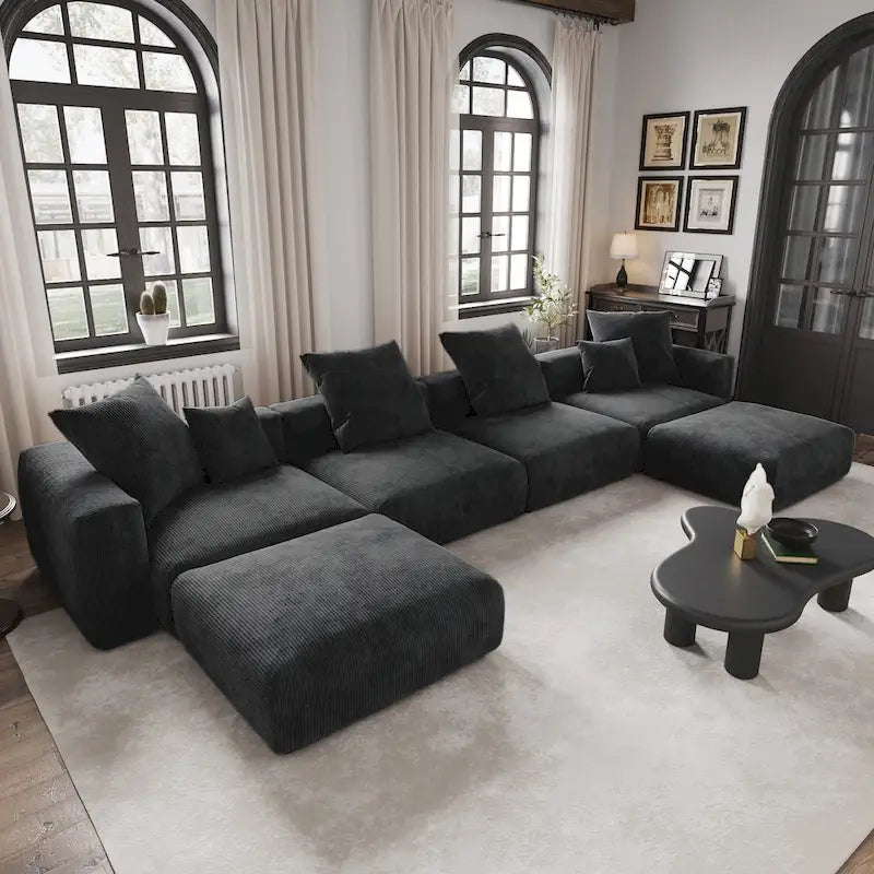 Grand canapé modulaire sectionnel en velours côtelé, en forme de U, 4 places avec 2 poufs et 5 oreillers