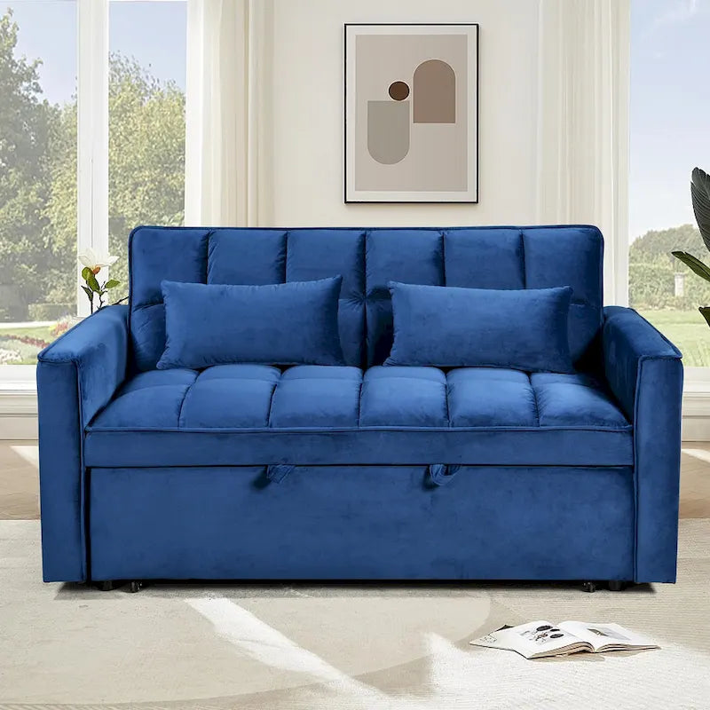 Causeuse futon moderne en velours avec dossier inclinable et poches, 2 places — Gris foncé / Gris clair / Bleu / Noir