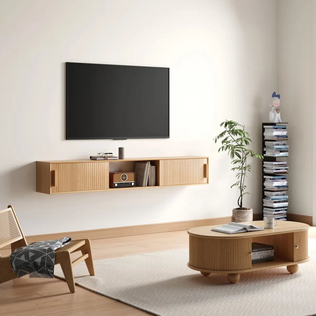 Meuble TV cannelé flottant en bois naturel avec rangement