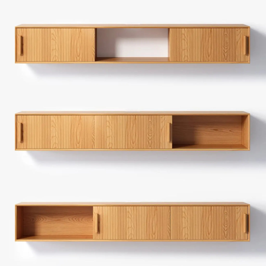 Meuble TV cannelé flottant en bois naturel avec rangement