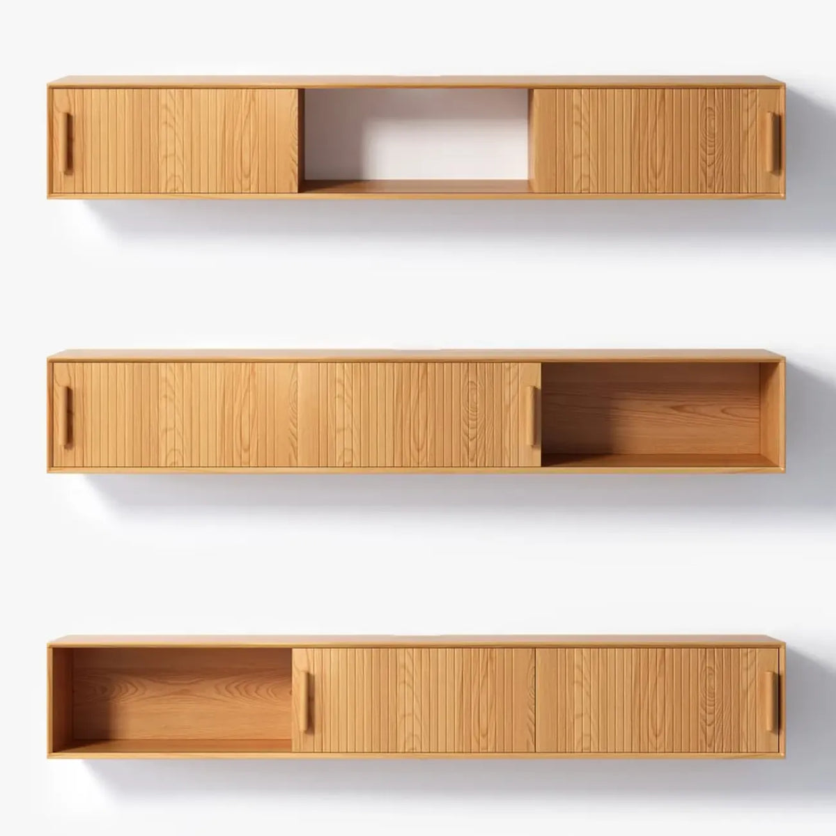 Meuble TV cannelé flottant en bois naturel avec rangement