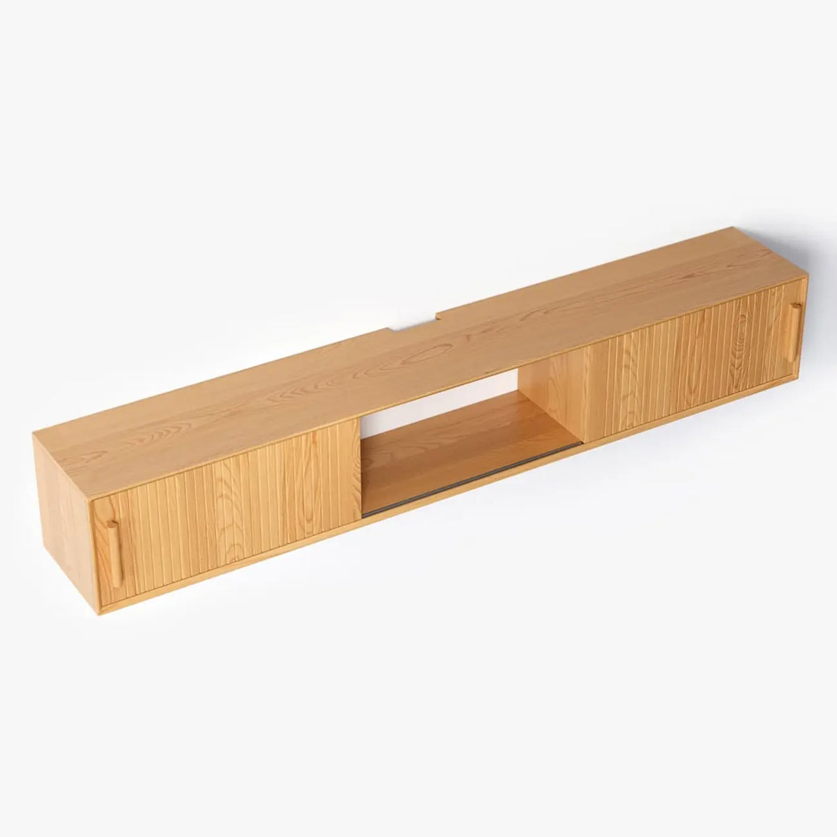 Meuble TV cannelé flottant en bois naturel avec rangement