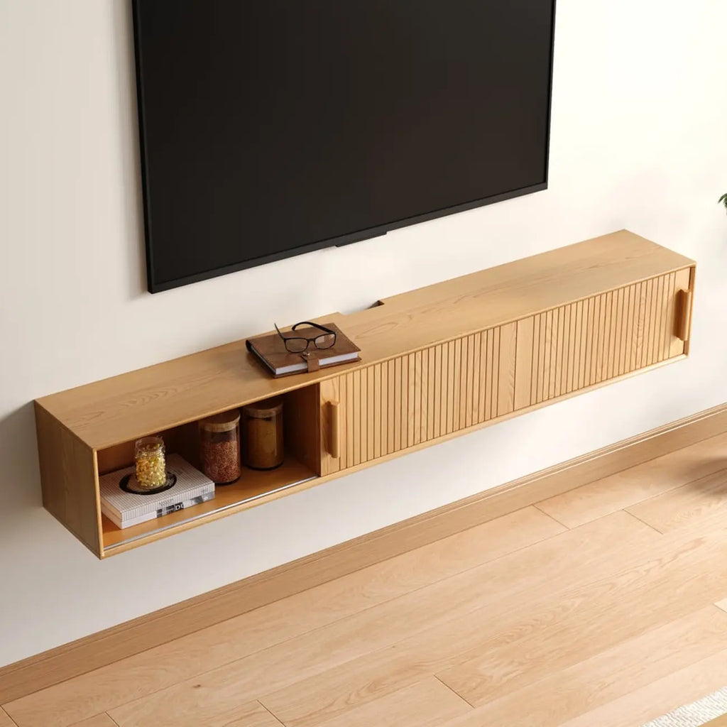 Meuble TV cannelé flottant en bois naturel avec rangement