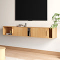 Meuble TV cannelé flottant en bois naturel avec rangement