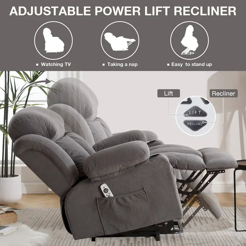 Fauteuil inclinable électrique gris avec massage chauffant, chargement USB, télécommande et poches latérales pratiques pour les personnes âgées