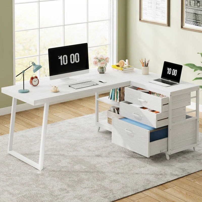 Bureau d'angle en L réversible avec tiroirs de classement, bureau d'ordinateur d'angle
