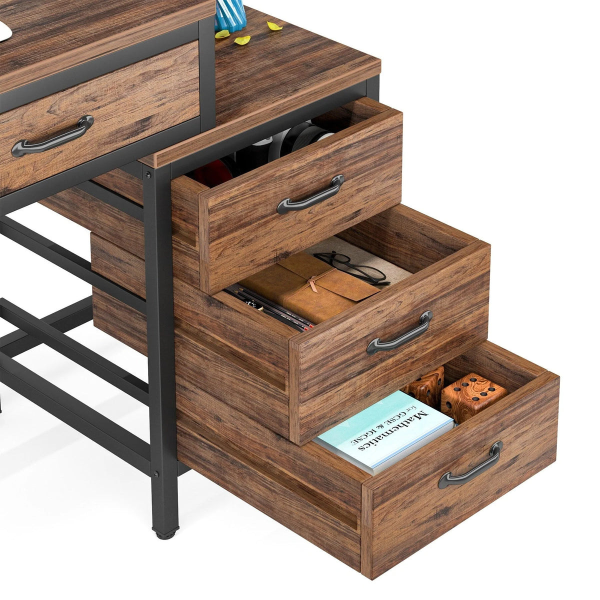 Bureau réversible avec 5 tiroirs, Bureau d'ordinateur de maison avec tiroir classeur et support d'imprimante